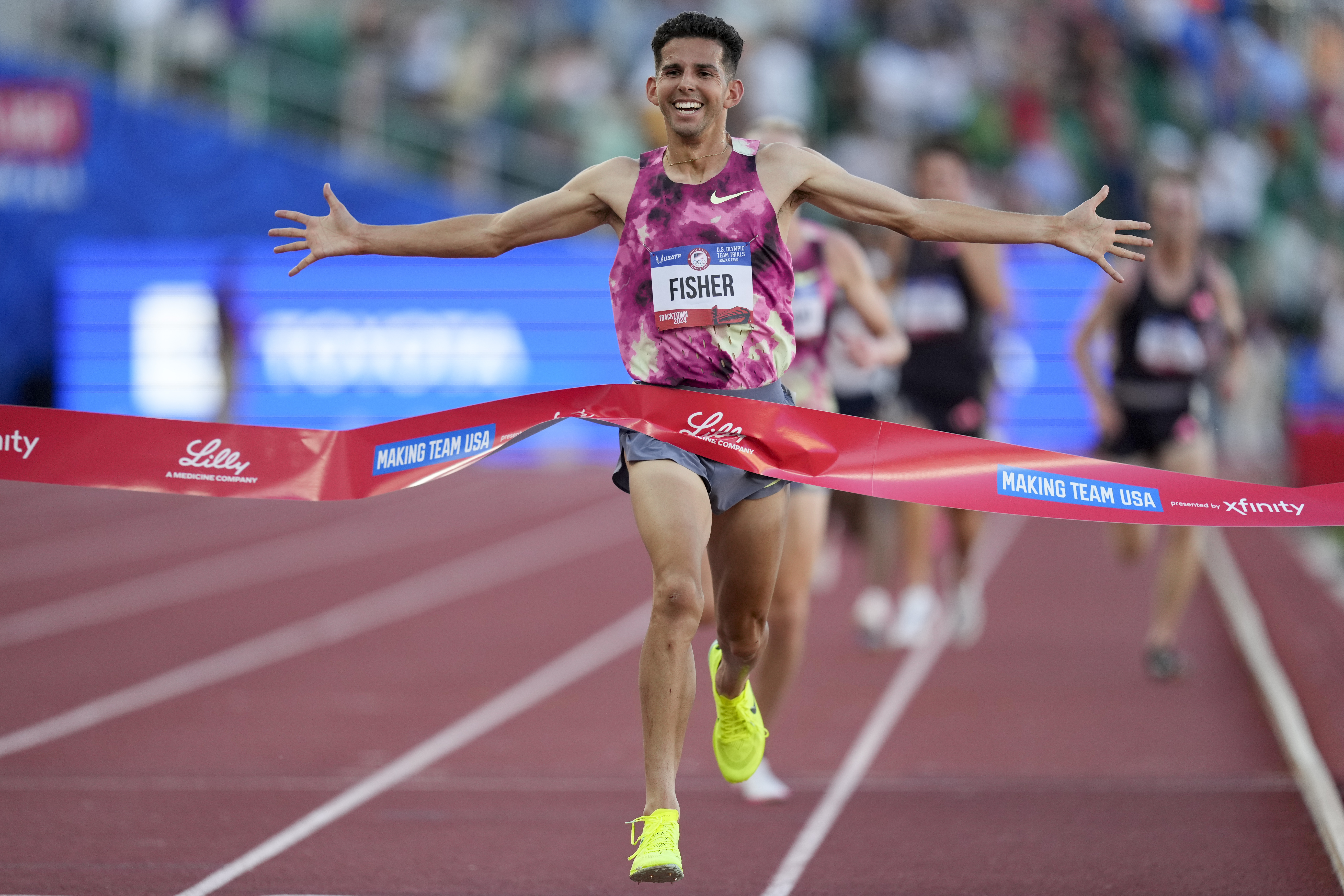 Grant Fisher wins the final in the men's 10000-meter run during the U.S. Track and Field Olympic Team Trials Friday, June 21, 2024, in Eugene, Ore.