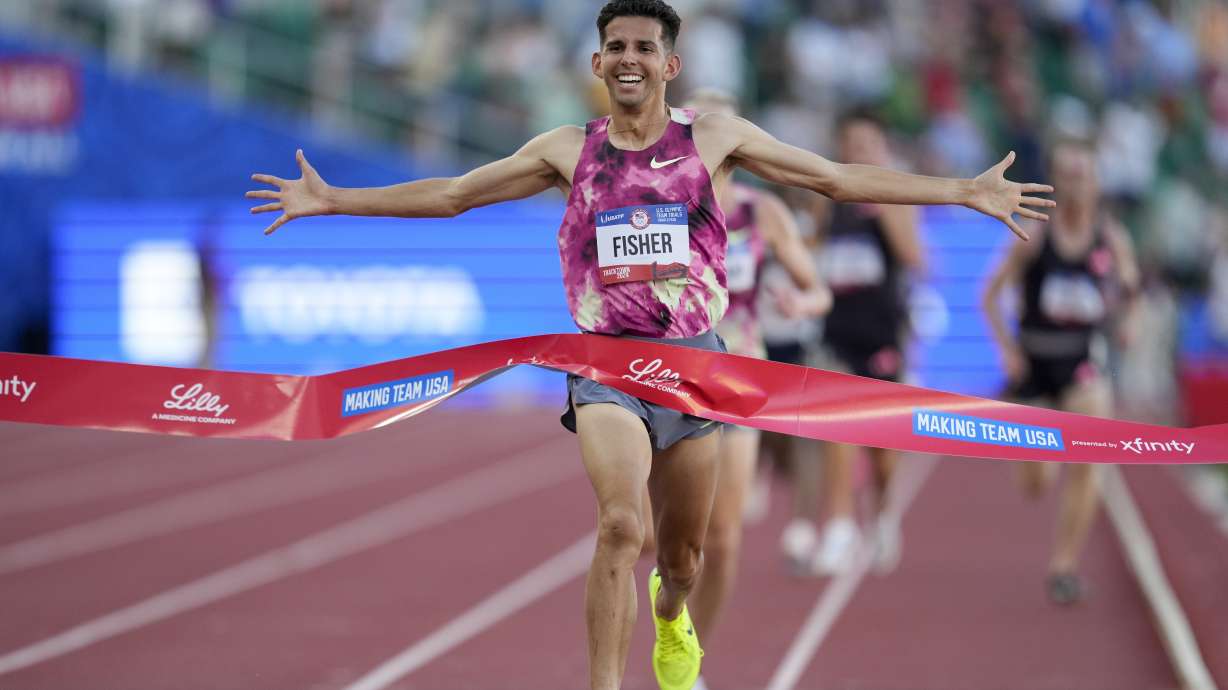 Grant Fisher wins the final in the men's 10000-meter run during the U.S. Track and Field Olympic Team Trials Friday, June 21, 2024, in Eugene, Ore.