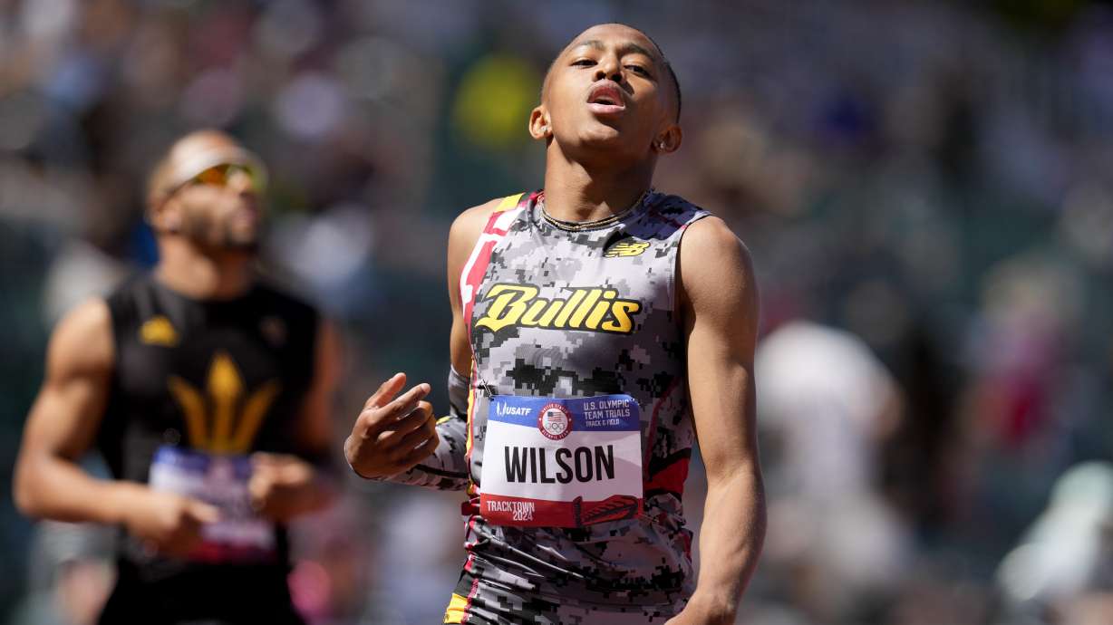 Quincy Wilson wins a heat men's 400-meter run during the U.S. Track and Field Olympic Team Trials Friday, June 21, 2024, in Eugene, Ore.