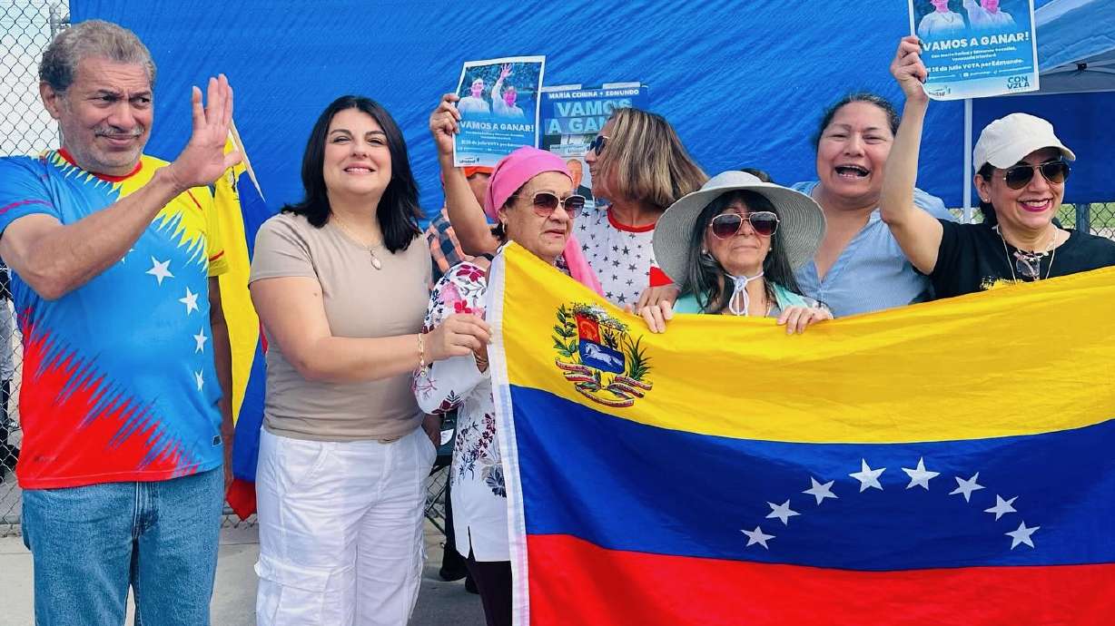 Mayra Molina of the Venezuelan Alliance for Utah, second from left, with others at a group event on June 9. Molina asks for understanding for those fleeing terrible conditions in Venezuela and coming to the United States.