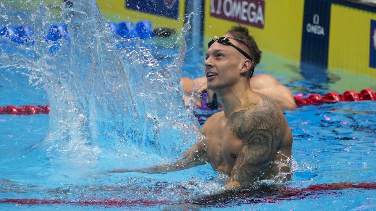Caeleb Dressel reacts after winning the Men's 100 butterfly finals Saturday, June 22, 2024, at the US Swimming Olympic Trials in Indianapolis.