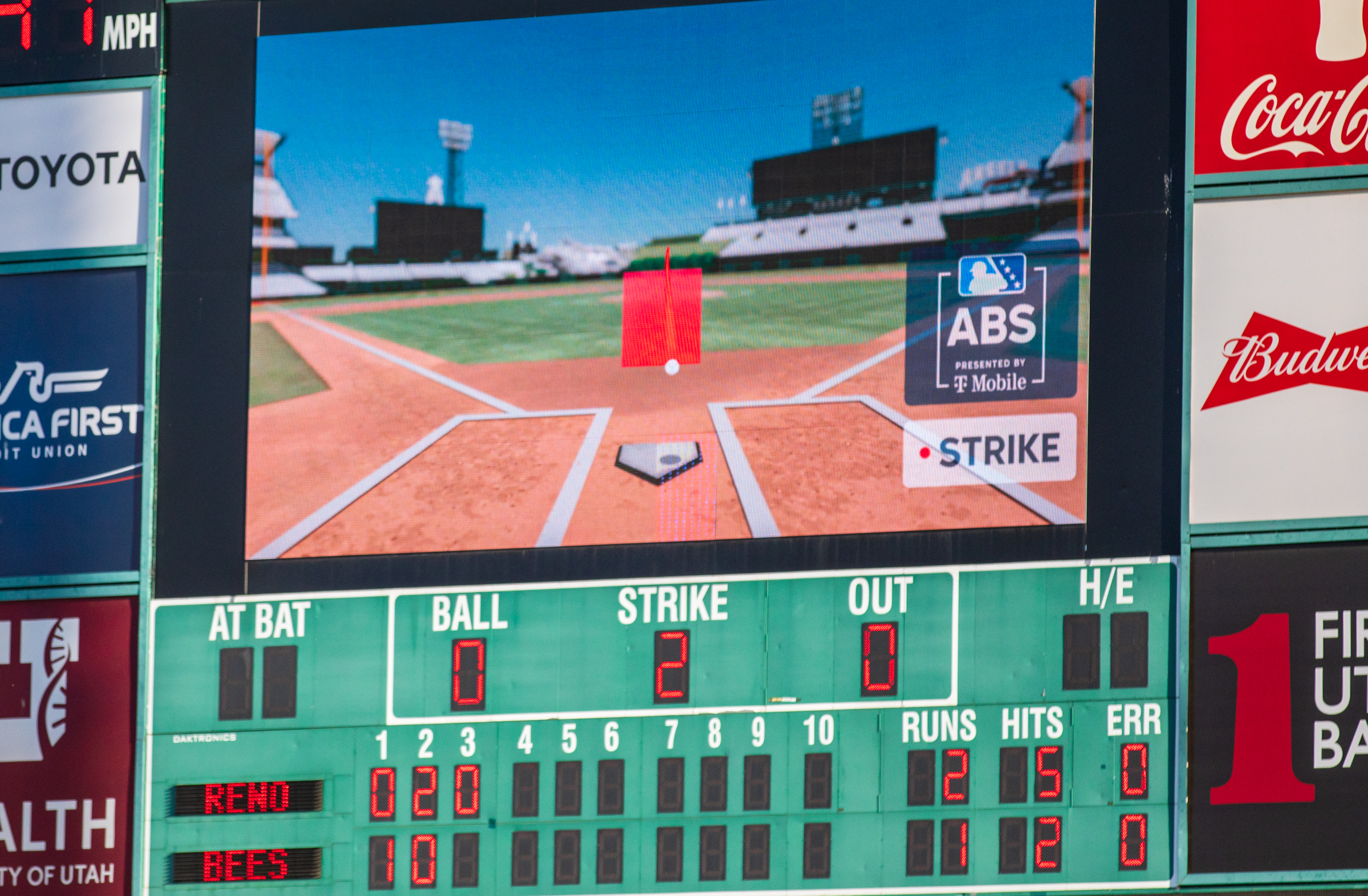 The Smith's Ballpark video board plays a video showing the outcome of an unsuccessful challenge of a strike-three call during a game between the Salt Lake Bees and Reno Aces on Saturday.