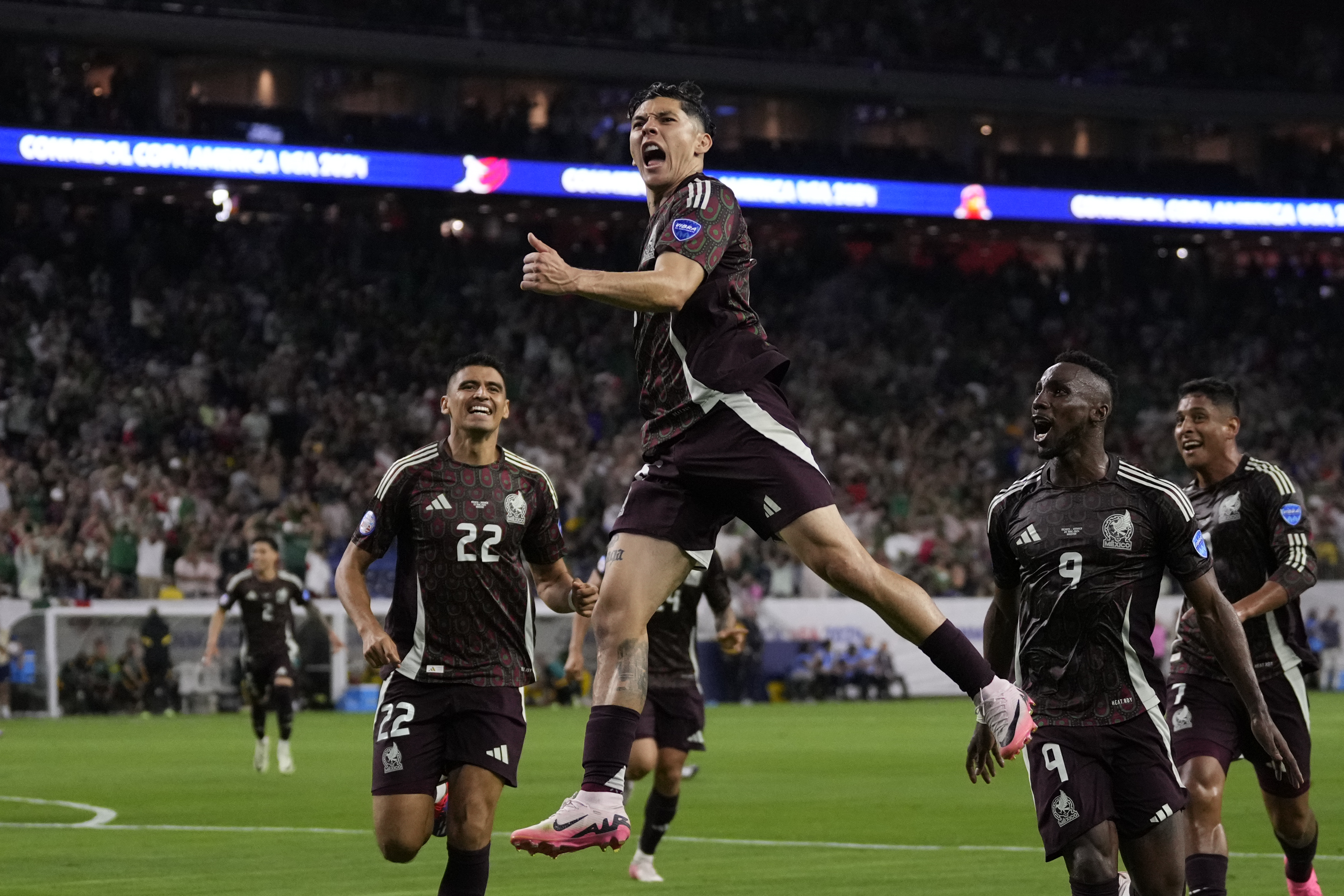 Mexico's Gerardo Arteaga celebrates scoring his side's opening goal against Jamaica during a Copa America Group B soccer match in Houston, Saturday, June 22, 2024. 