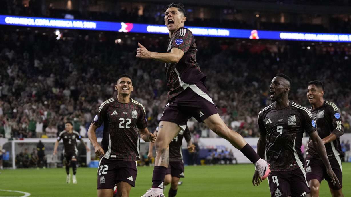 Mexico's Gerardo Arteaga celebrates scoring his side's opening goal against Jamaica during a Copa America Group B soccer match in Houston, Saturday, June 22, 2024.