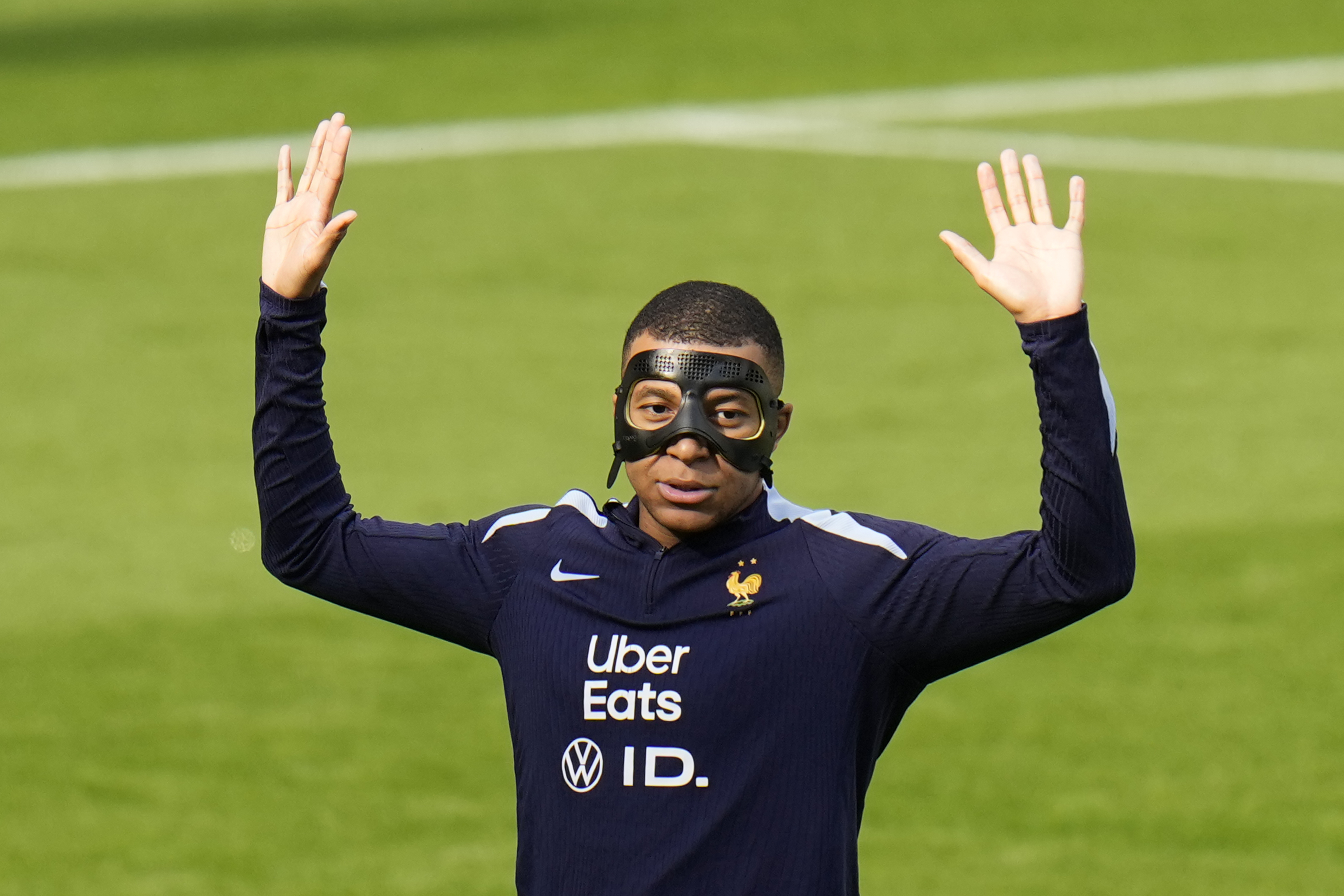 France's Kylian Mbappe gestures during a training session in Paderborn, Germany, Sunday, June 23, 2024. France will play against Poland during their Group D soccer match at the Euro 2024 soccer tournament on June 25. 