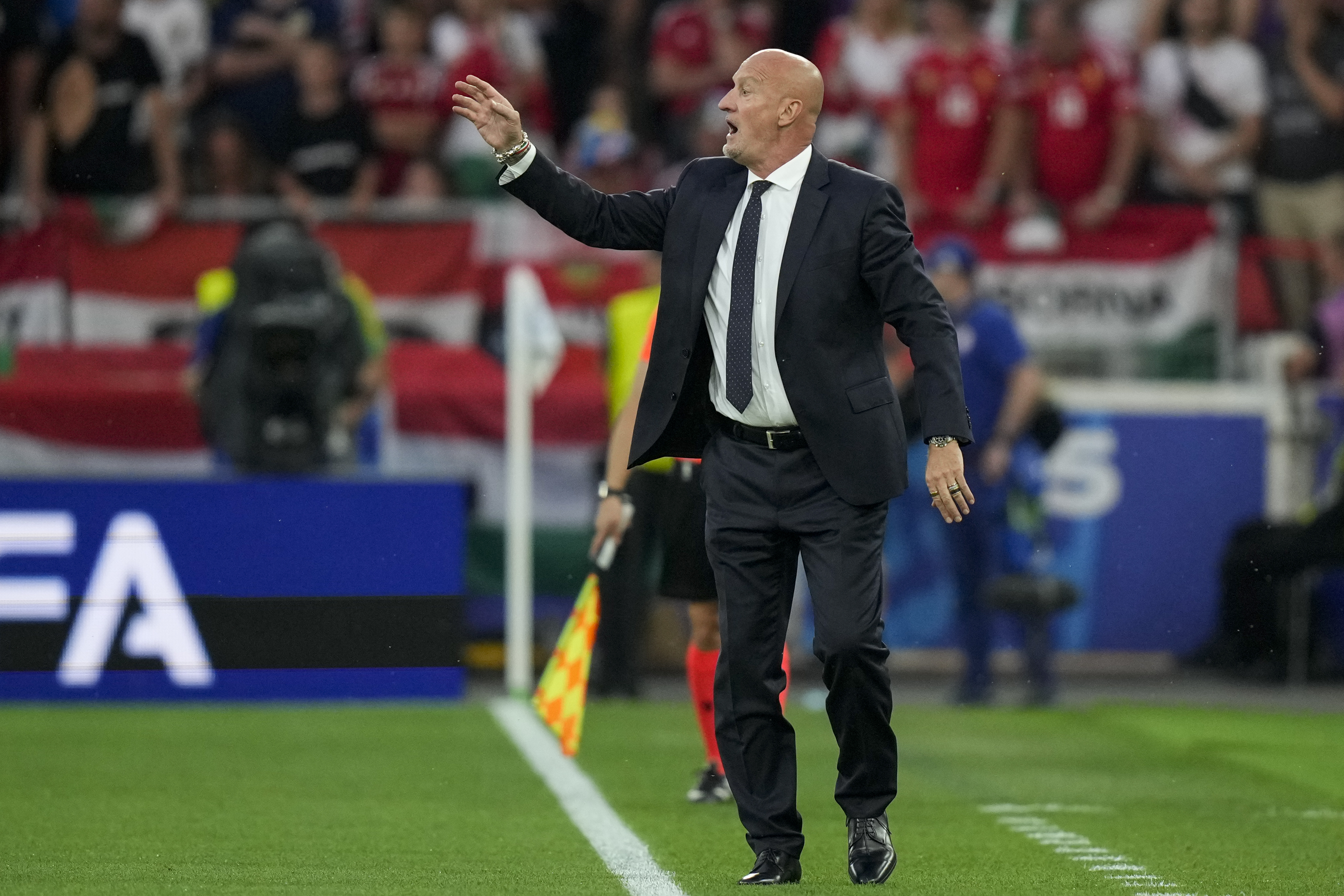 Hungary's coach Marco Rossi gestures during a Group A match between Scotland and Hungary at the Euro 2024 soccer tournament in Stuttgart, Germany, Sunday, June 23, 2024. 