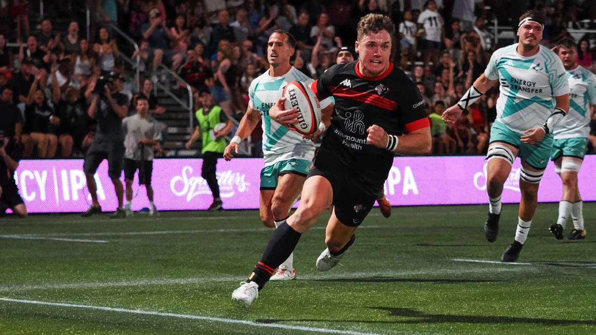 Utah wing Michael Manson scores a try during the Utah Warriors' win over Dallas Jackals, Saturday, June 22, 2024 at Zions Bank Stadium in Herriman, Utah.