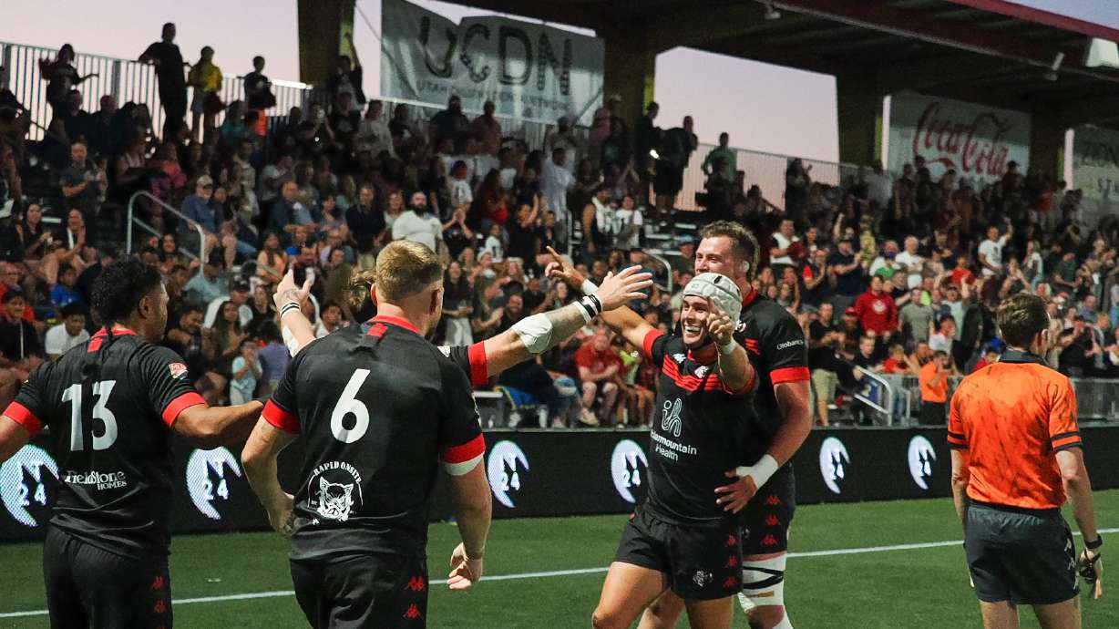 Utah celebrates a try during the Utah Warriors' win over Dallas Jackals, Saturday, June 22, 2024 at Zions Bank Stadium in Herriman, Utah.
