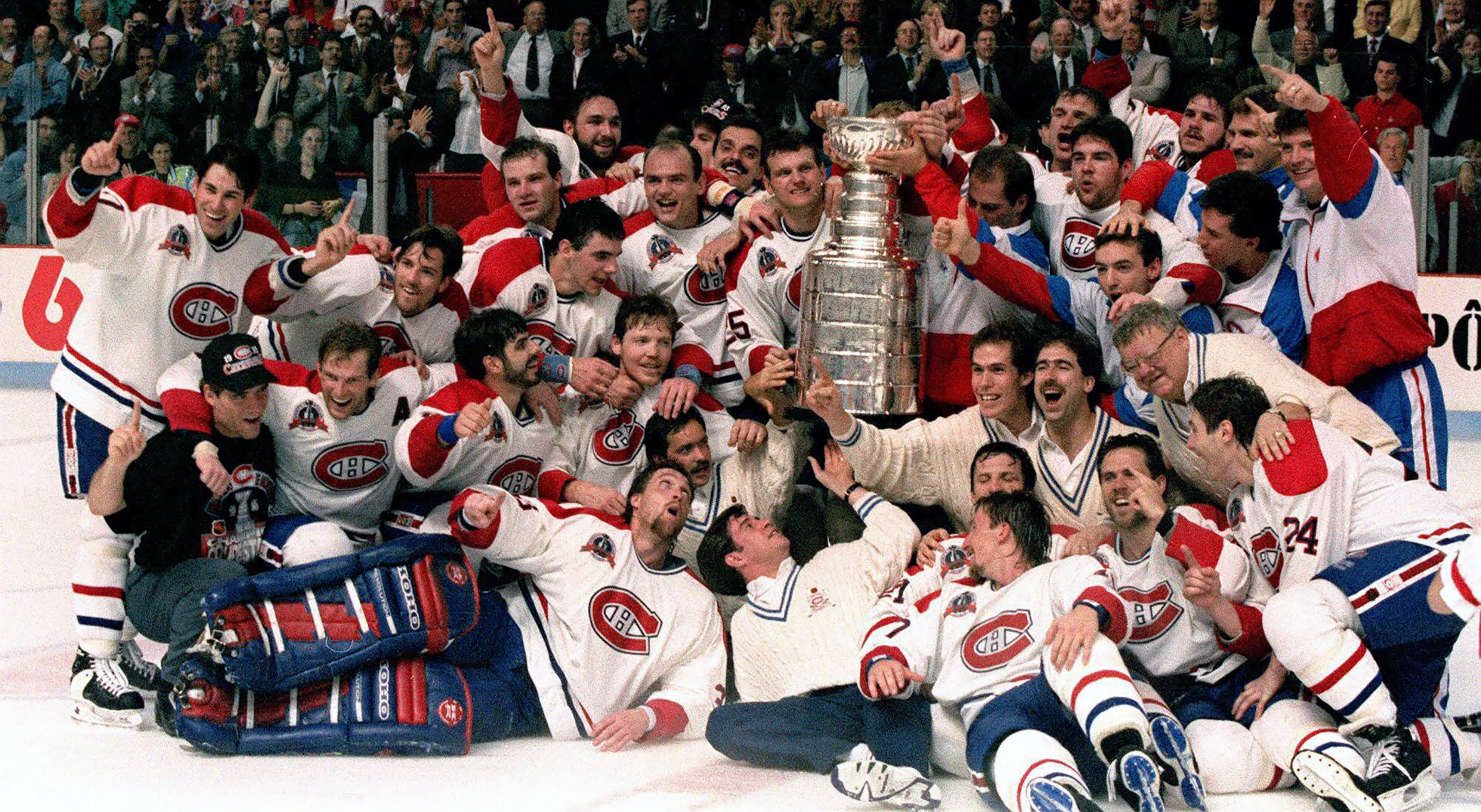 FILE - The Montreal Canadiens pose for a photograph with the Stanley Cup following their 4-1 victory over the Los Angeles Kings, June 9, 1993, in Montreal. It has been 31 years since an NHL team based in Canada won the Stanley Cup — a drought the Edmonton Oilers can end by winning Game 7 at the Florida Panthers on Monday, June 24, 2024. 