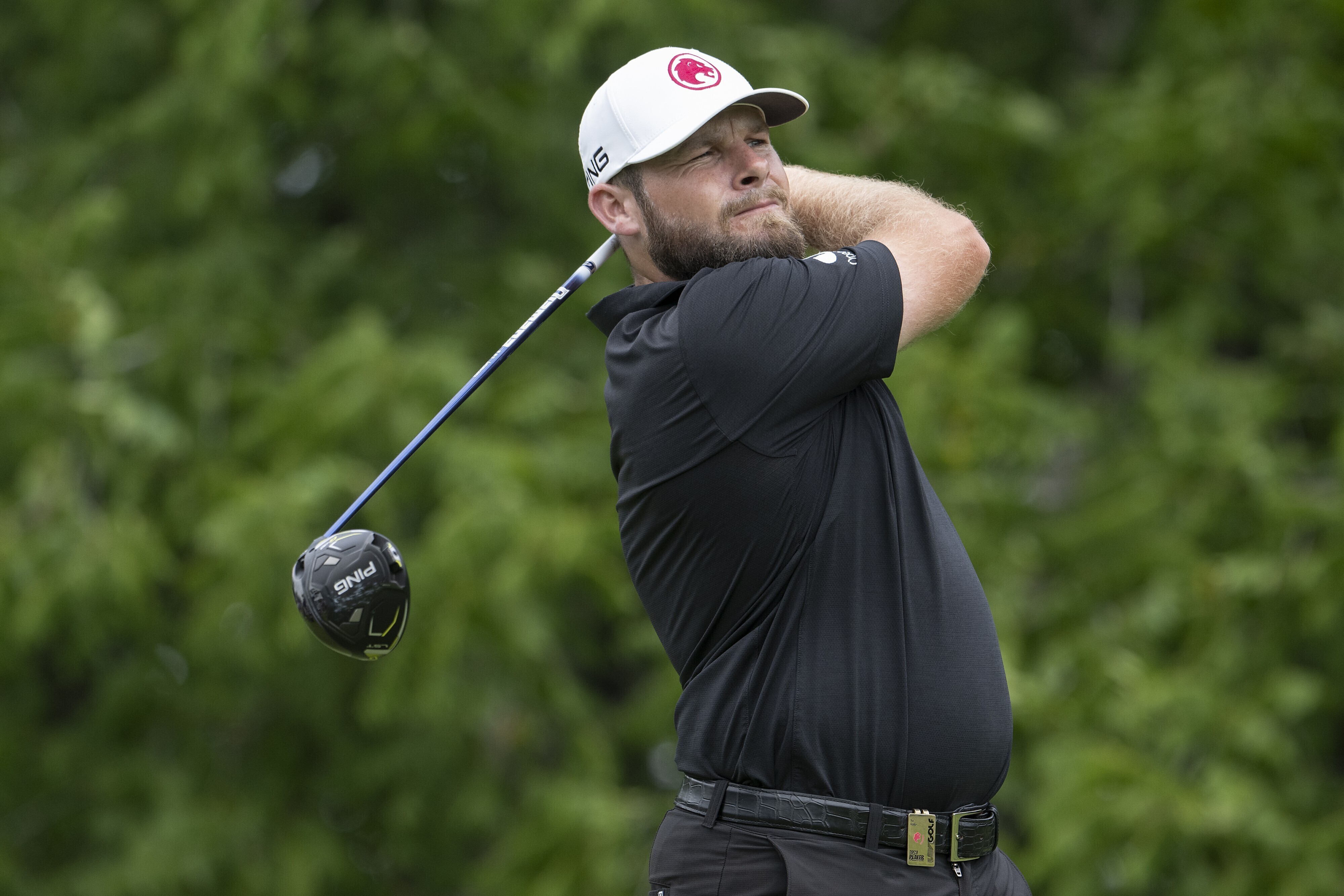 Tyrrell Hatton, of Legion XIII, hits from the eighth tee during the final round of LIV Golf Nashville at The Grove, Sunday, June 23, 2024, in College Grove, Tenn. 