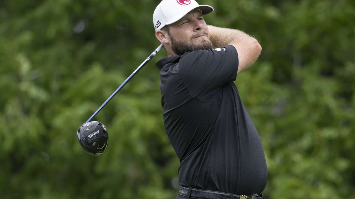 Tyrrell Hatton, of Legion XIII, hits from the eighth tee during the final round of LIV Golf Nashville at The Grove, Sunday, June 23, 2024, in College Grove, Tenn.