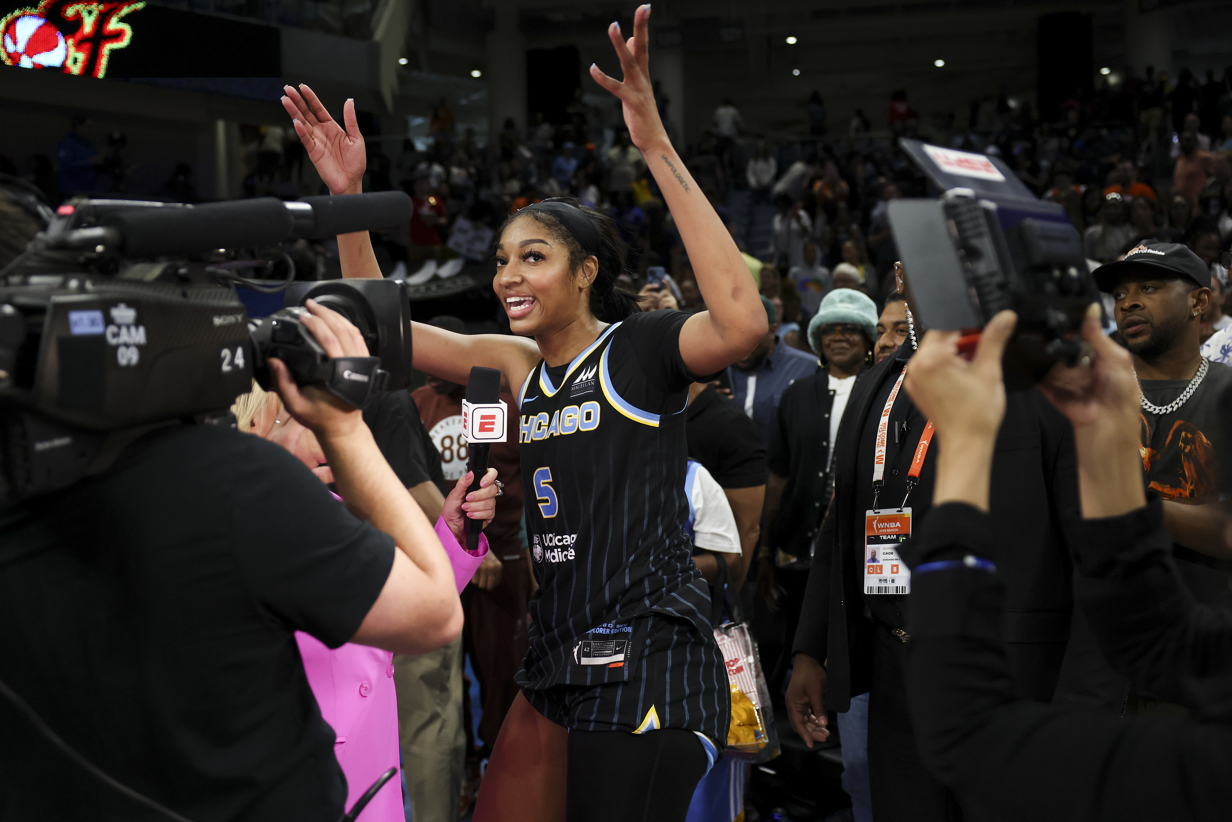 Chicago Sky forward Angel Reese (5) is interviewed by Holly Rowe after the Sky defeated the Indiana Fever, 88-87, in a WNBA basketball game, Sunday, June 23, 2024, in Chicago. 