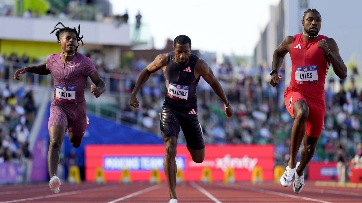 Noah Lyles wins a heat in the men's 100-meter semi-final during the U.S. Track and Field Olympic Team Trials Sunday, June 23, 2024, in Eugene, Ore.