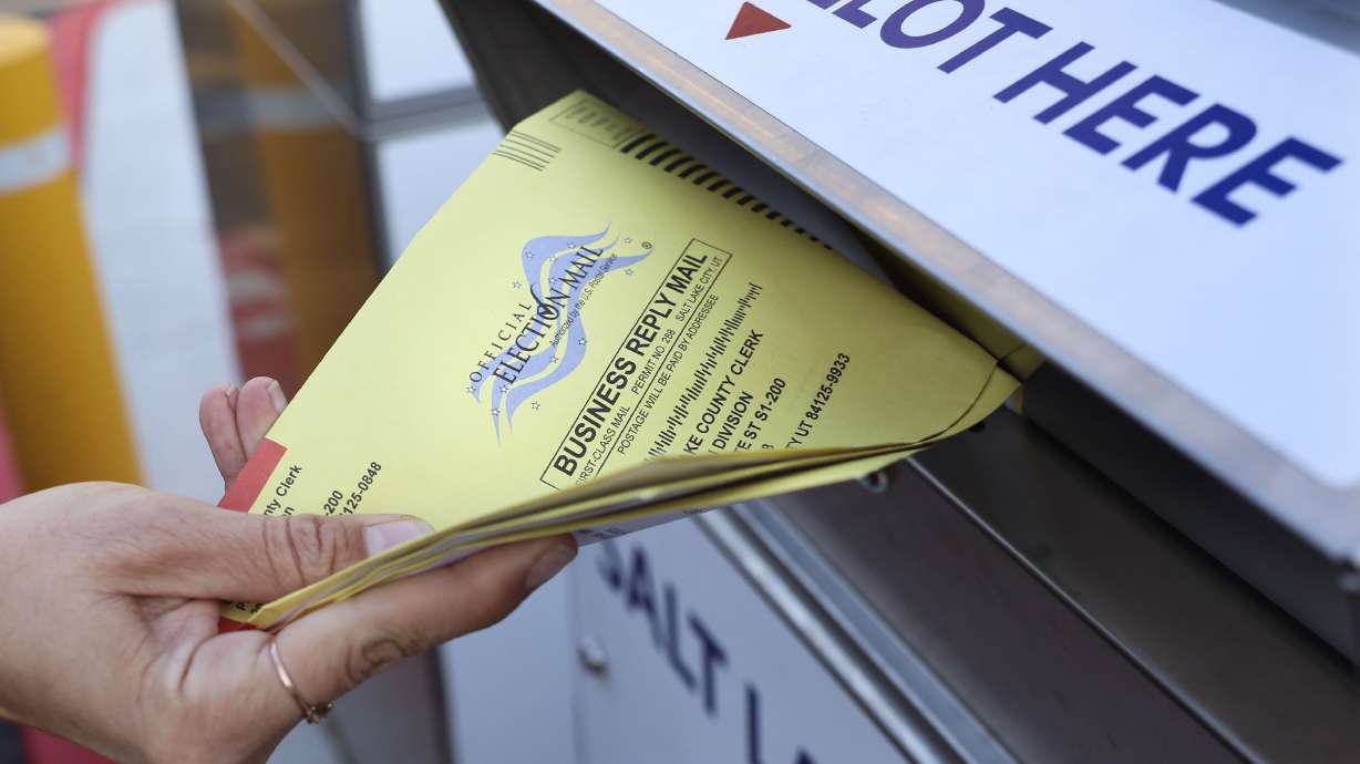A ballot drop box at the Salt Lake County Government Center in Salt Lake City on Nov. 21, 2023. Fewer than 20% of Utah voters have cast ballots ahead of Tuesday's primary election, as allegations of improper mailers in one race have surfaced.