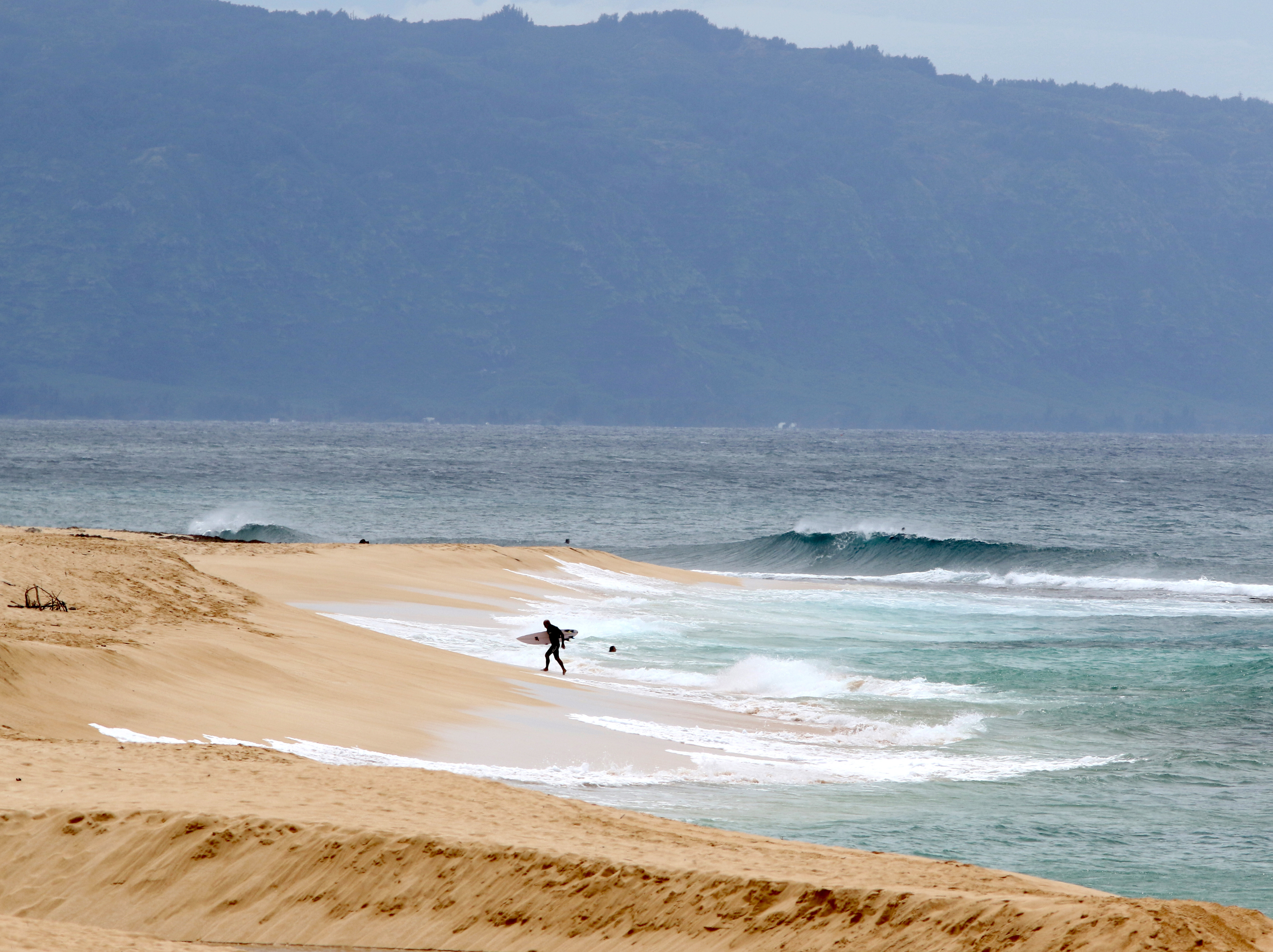 FILE - A surfer walks out of the ocean on Oahu's North Shore near Haleiwa, Hawaii, March 31, 2020. Authorities said a professional lifeguard died after he was attacked by a shark while surfing off the island of Oahu in Hawaii on Sunday afternoon, June 23, 2024. 