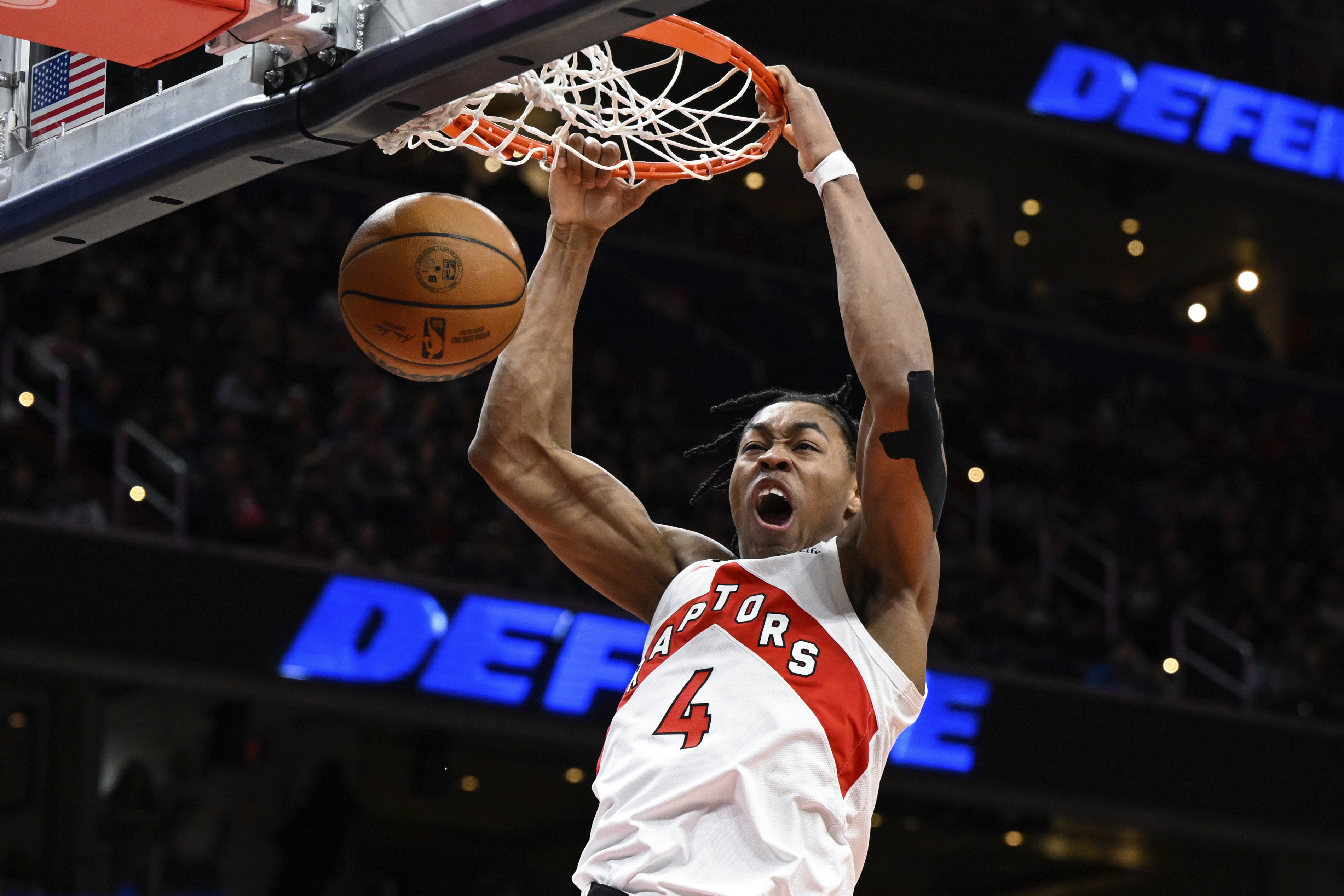FILE - Toronto Raptors forward Scottie Barnes dunks during the second half of an NBA basketball game against the Washington Wizards, March. 4, 2023, in Washington. Barnes and the Raptors have agreed to terms on a max extension, one that will be worth about $225 million over five years and could reach about $270 million if he meets supermax criteria, a person with knowledge of the deal said Monday, June 24, 2024. 