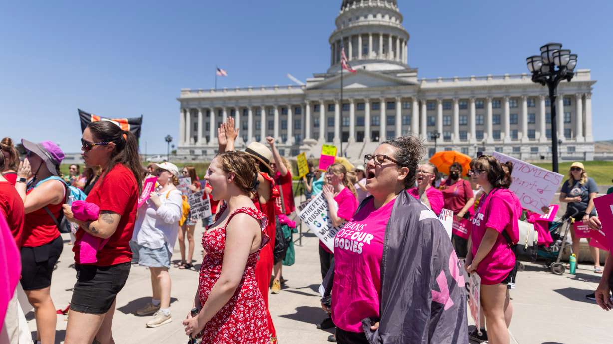Utahns gather to protest the two-year anniversary of the overturning of Roe v. Wade at the Capitol in Salt Lake City on Monday.