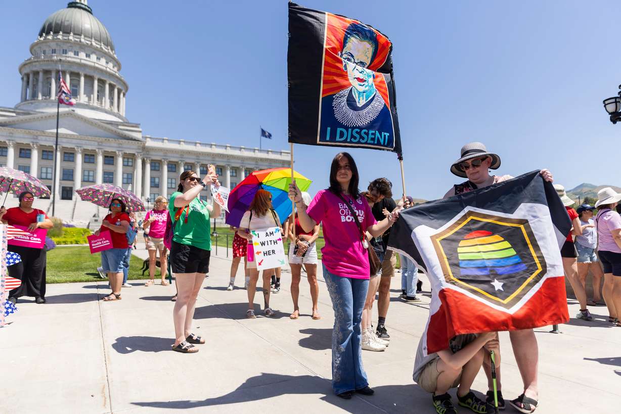Utahns gather to protest the two-year anniversary of the overturning of Roe v. Wade at the Capitol in Salt Lake City on Monday.