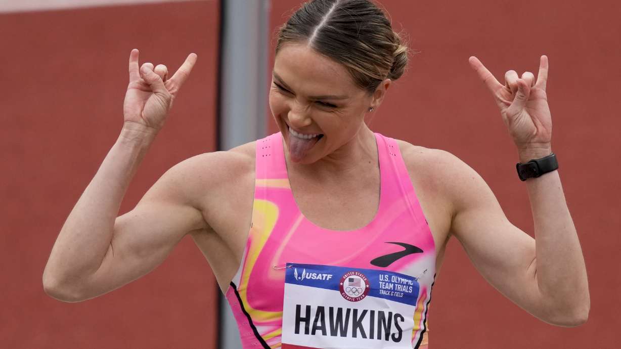 Chari Hawkins reacts in the heptathlon high jump during the U.S. Track and Field Olympic Team Trials Sunday, June 23, 2024, in Eugene, Ore.