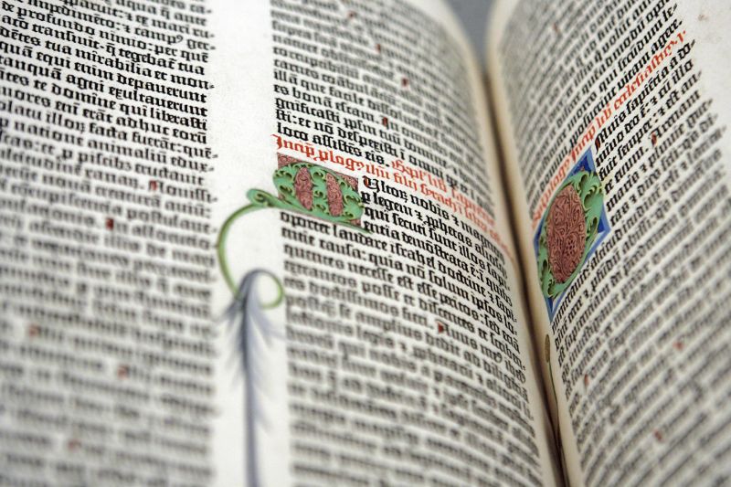 A detail of the Old Testament from the Gutenberg Bible on display at the personal library of Pierpont Morgan, the Morgan Library and Museum, in New York, May 19, 2008. Three times per year, a library curator turns the page.