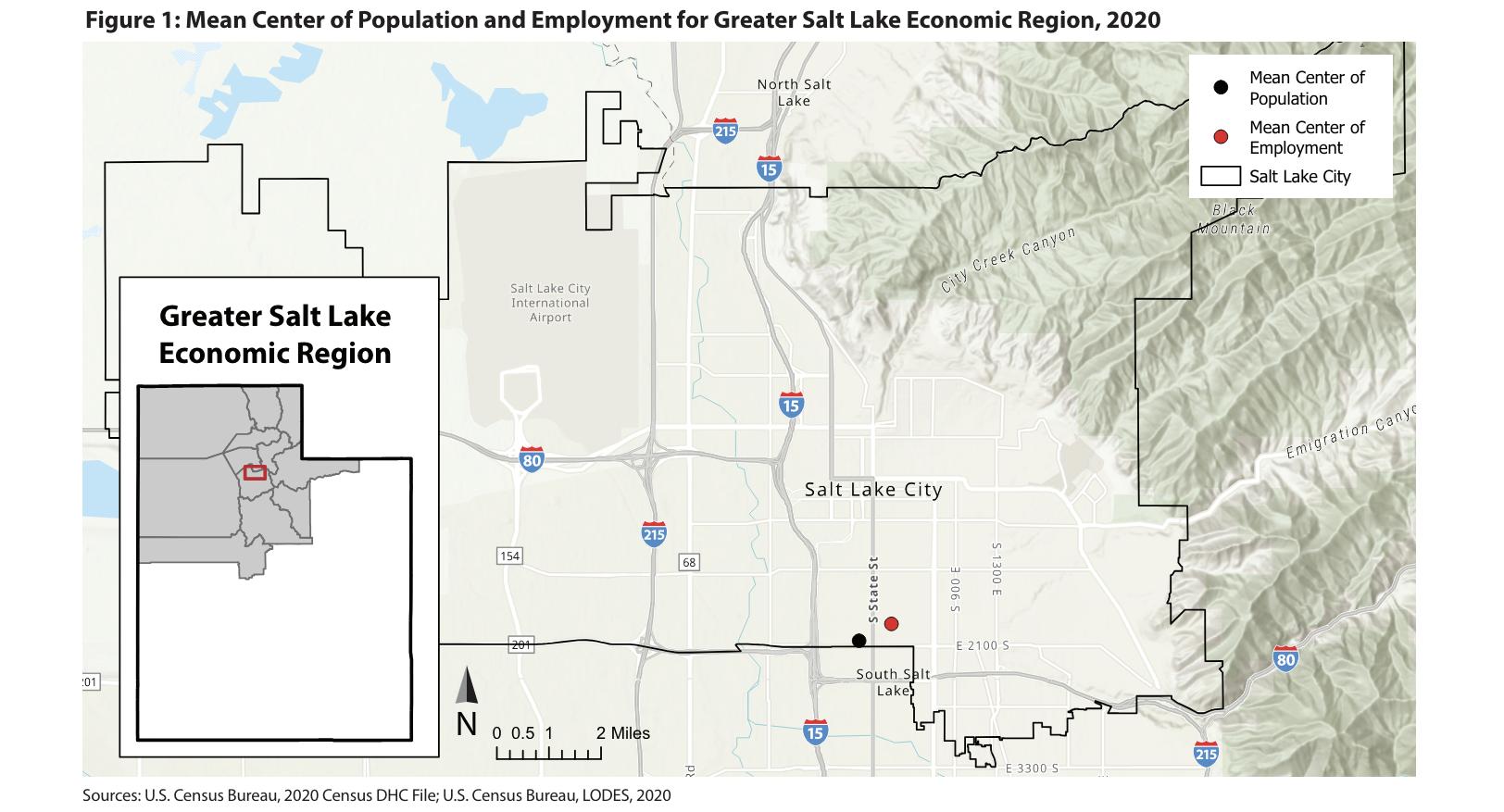 This map shows the mean center of population and employment for the Greater Salt Lake Economic Region.