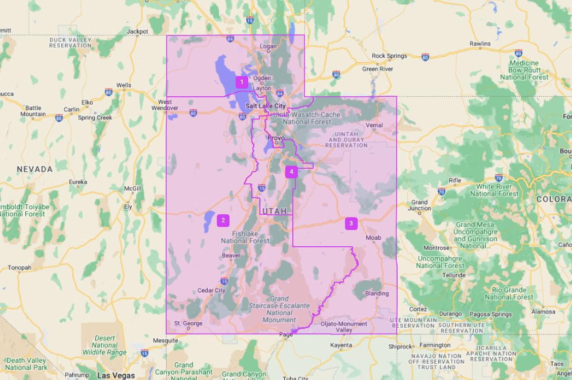 The map shows the boundaries of Utah's four U.S. House districts.