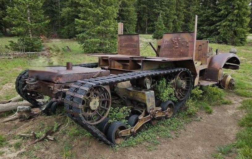 An undated photo of a historic half-track military vehicle within Dixie National Forest.