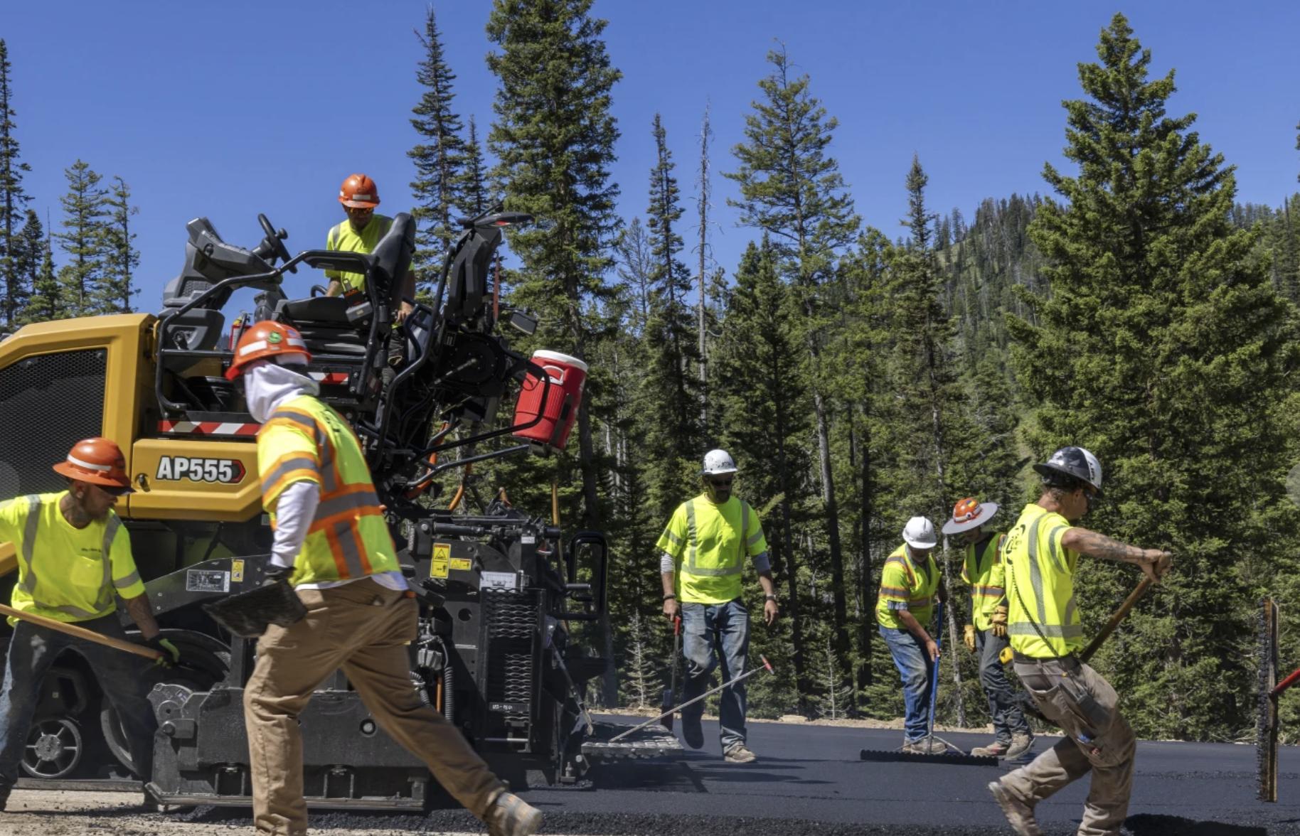 Construction take place on the Teton Pass on Tuesday near Jackson, Wyo. Wyoming officials are expected to reopen this week a large chunk of a mountain pass highway in Wyoming that collapsed earlier this month.