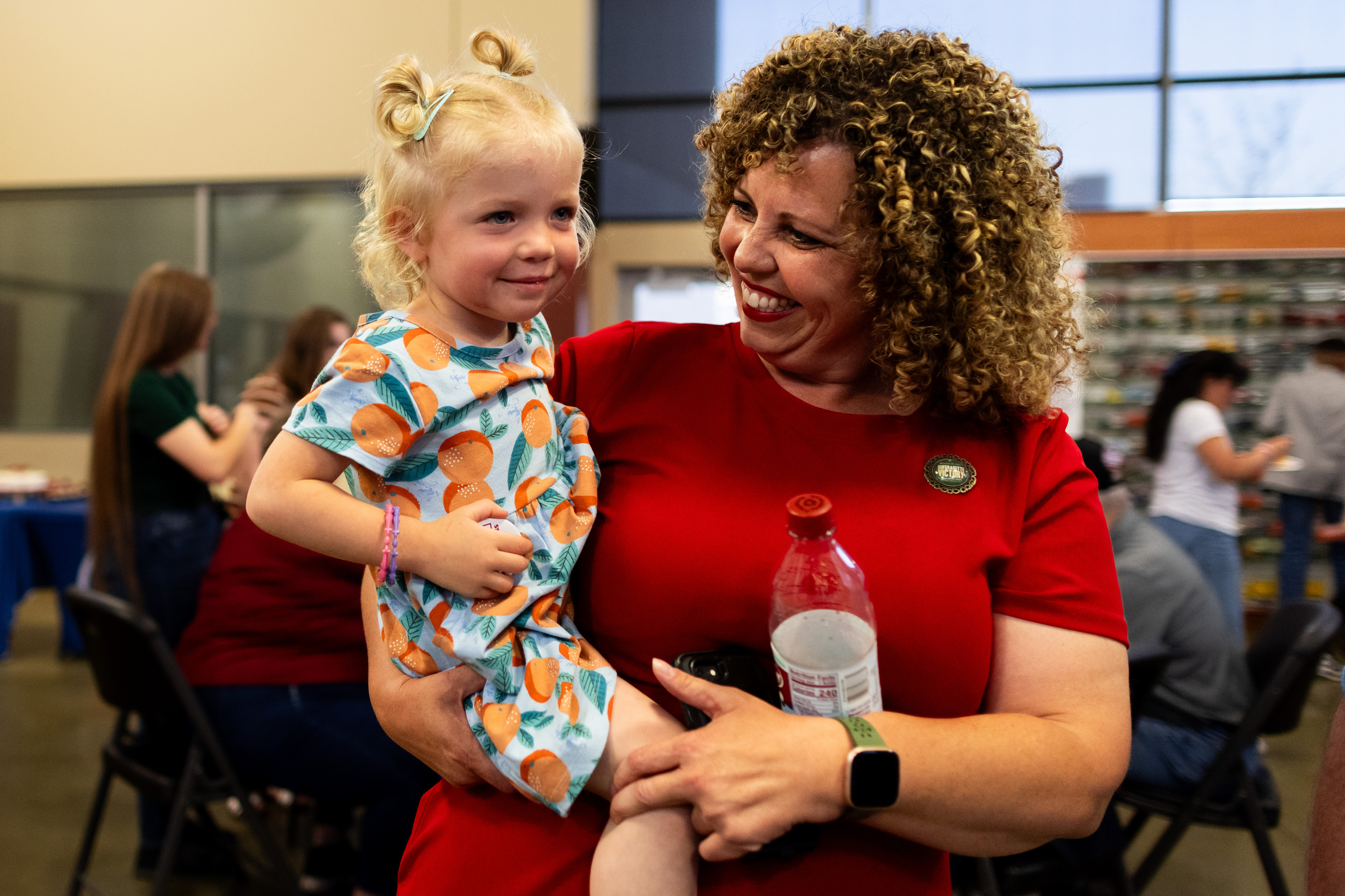 Utah 2nd District Rep. Celeste Maloy greets the daughter of a family friend at a primary election watch party at the Utah Trucking Association in West Valley City on Tuesday, June 25, 2024. The race is between Maloy, the incumbent candidate, and Colby Jenkins, who received an endorsement from Mike Lee and led Maloy in the State GOP Convention.