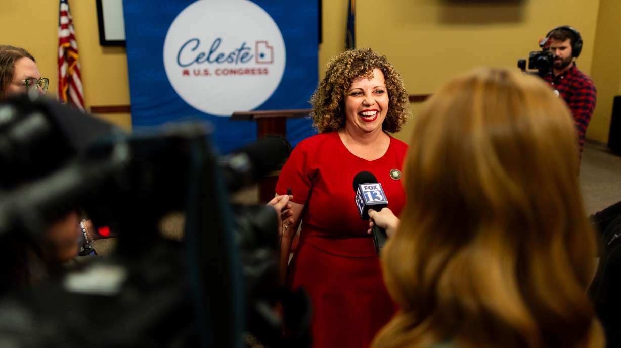 Utah 2nd District Rep. Celeste Maloy speaks to the press at a primary election watch party on Tuesday. Maloy continues to hold onto a narrow lead over her opponent, Colby Jenkins, into the third day of vote counting.