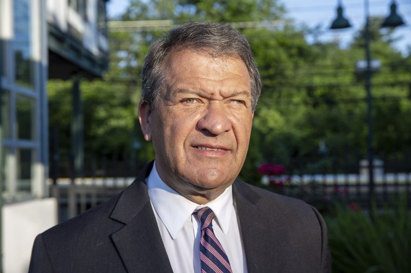Westchester County Executive George Latimer campaigns at a train station in White Plains, N.Y., June 13.
