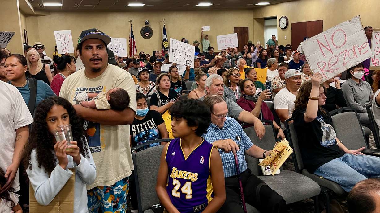 Foes of the proposed redevelopment of the Redwood Swap Meet site crowded into the West Valley City Planning Commission meeting on Wednesday, June 26, 2024.
