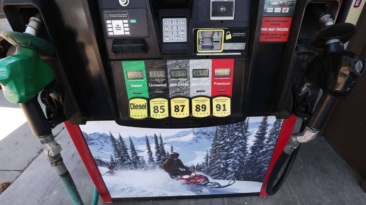 Gas pumps in Midvale June 11. Prices for gas have recently dipped.