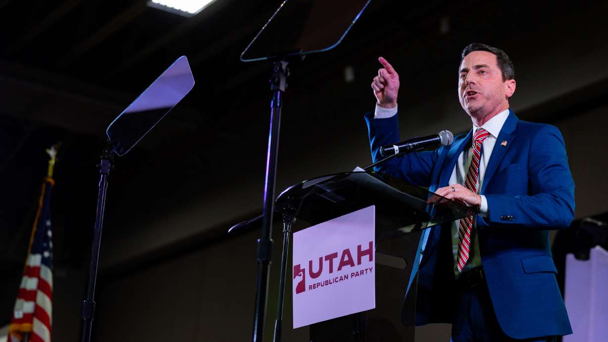 Trent Staggs speaks at the Utah Republican Party state nominating convention in Salt Lake City on April 27. Like Staggs, most Republican convention winners in major Utah races underperformed their convention results in Tuesday's GOP primary elections.