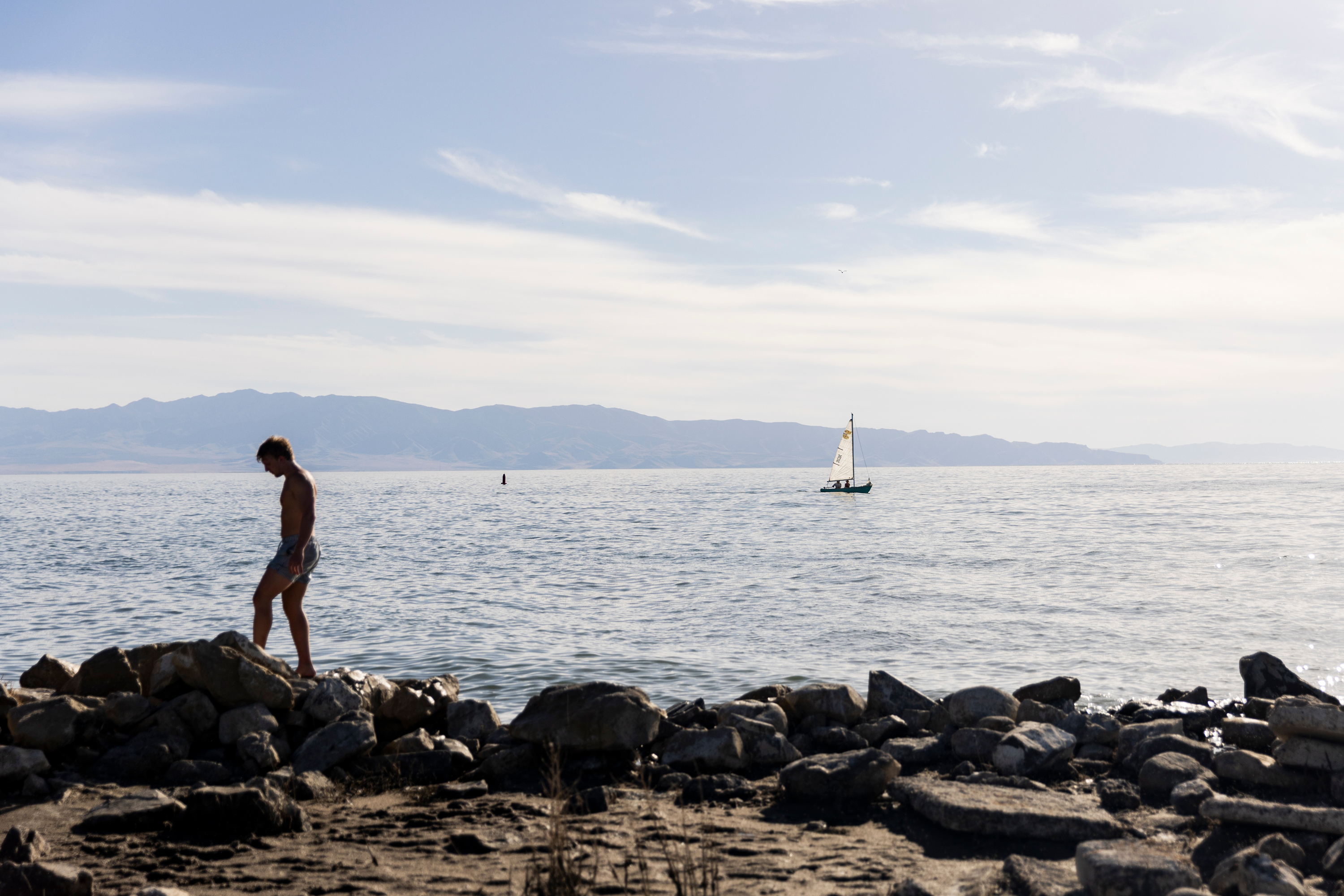 Water crashes onto rocks at the Great Salt Lake State Park in Magna on June 15, 2024.