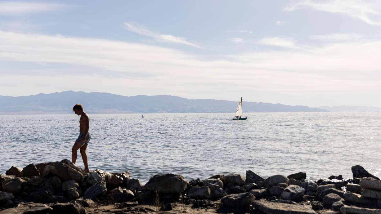 Water crashes onto rocks at the Great Salt Lake State Park in Magna on June 15. The lake has lost half a foot of water in the past few weeks and could lose another 2 feet in the coming months, experts say.