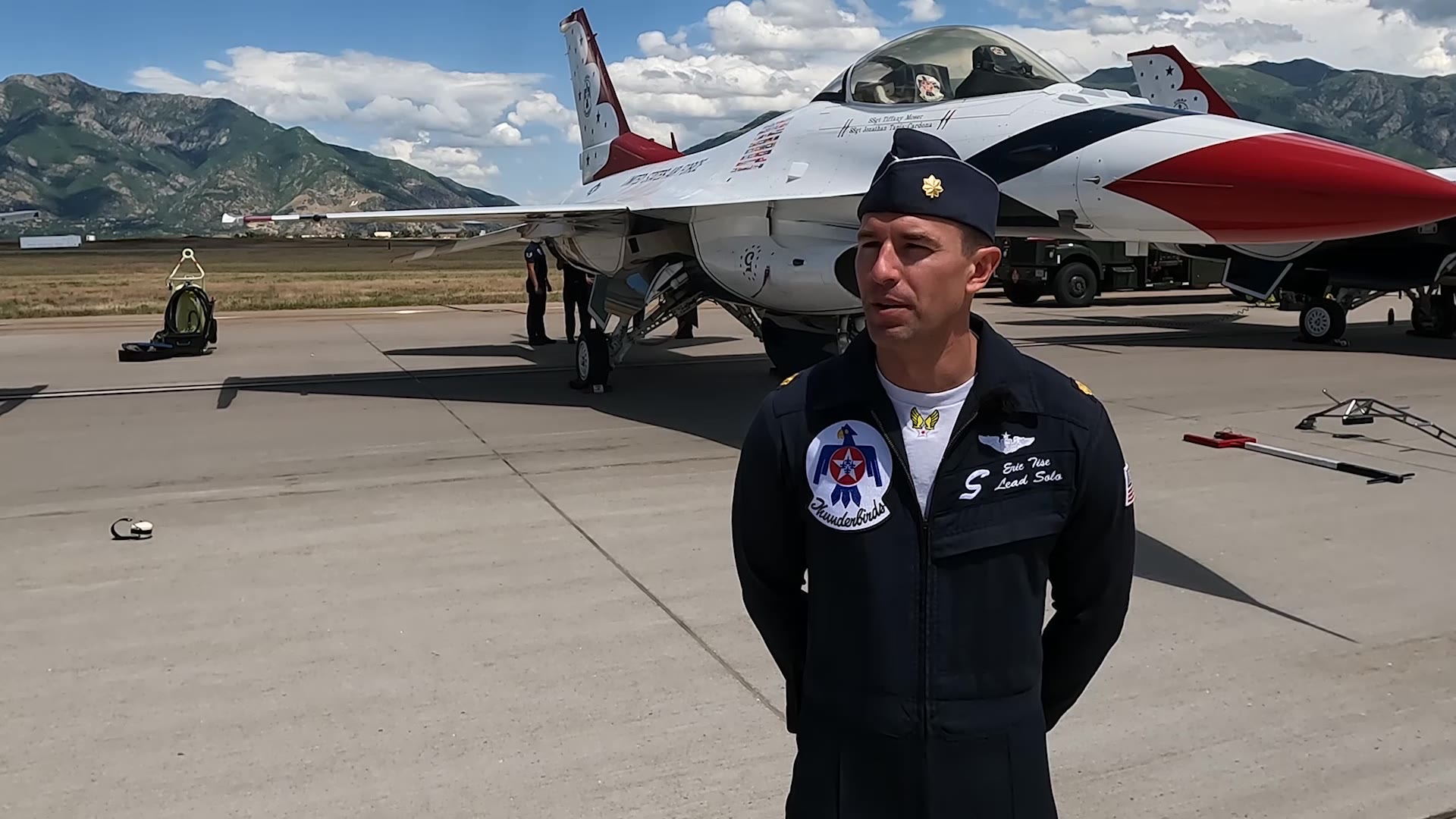 Major Eric Tice talks Thursday at Hill Air Force Base about his experience flying in the roadshow.
