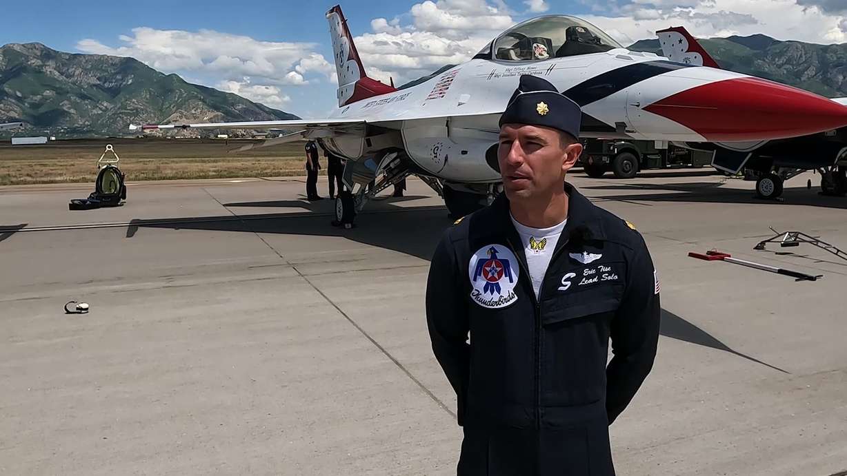 Major Eric Tice talks Thursday at Hill Air Force Base about his experience flying in the roadshow.