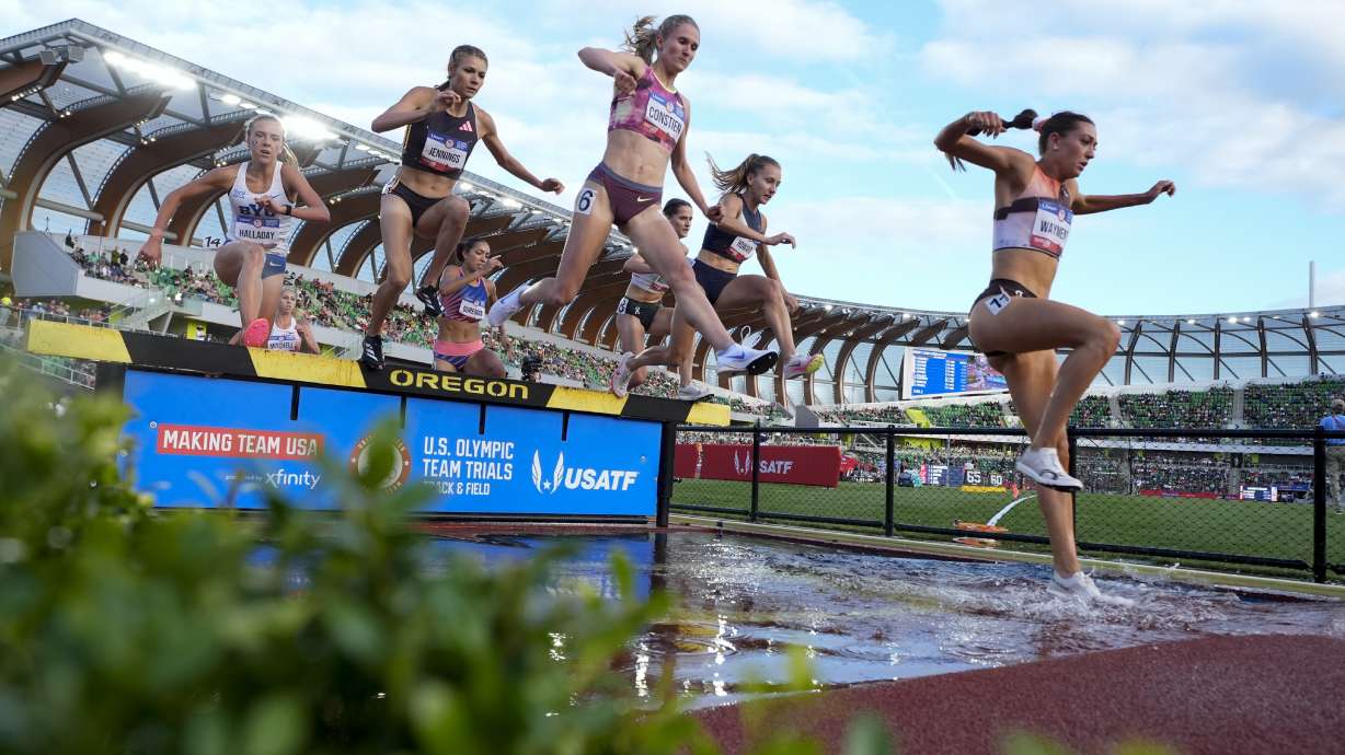 Former BYU and Davis High standout Courtney Wayment leads the pack over the water barrier during the women's 3000-meter steeplechase final at the U.S. Track and Field Olympic Team Trials Thursday, June 27, 2024, in Eugene, Ore.