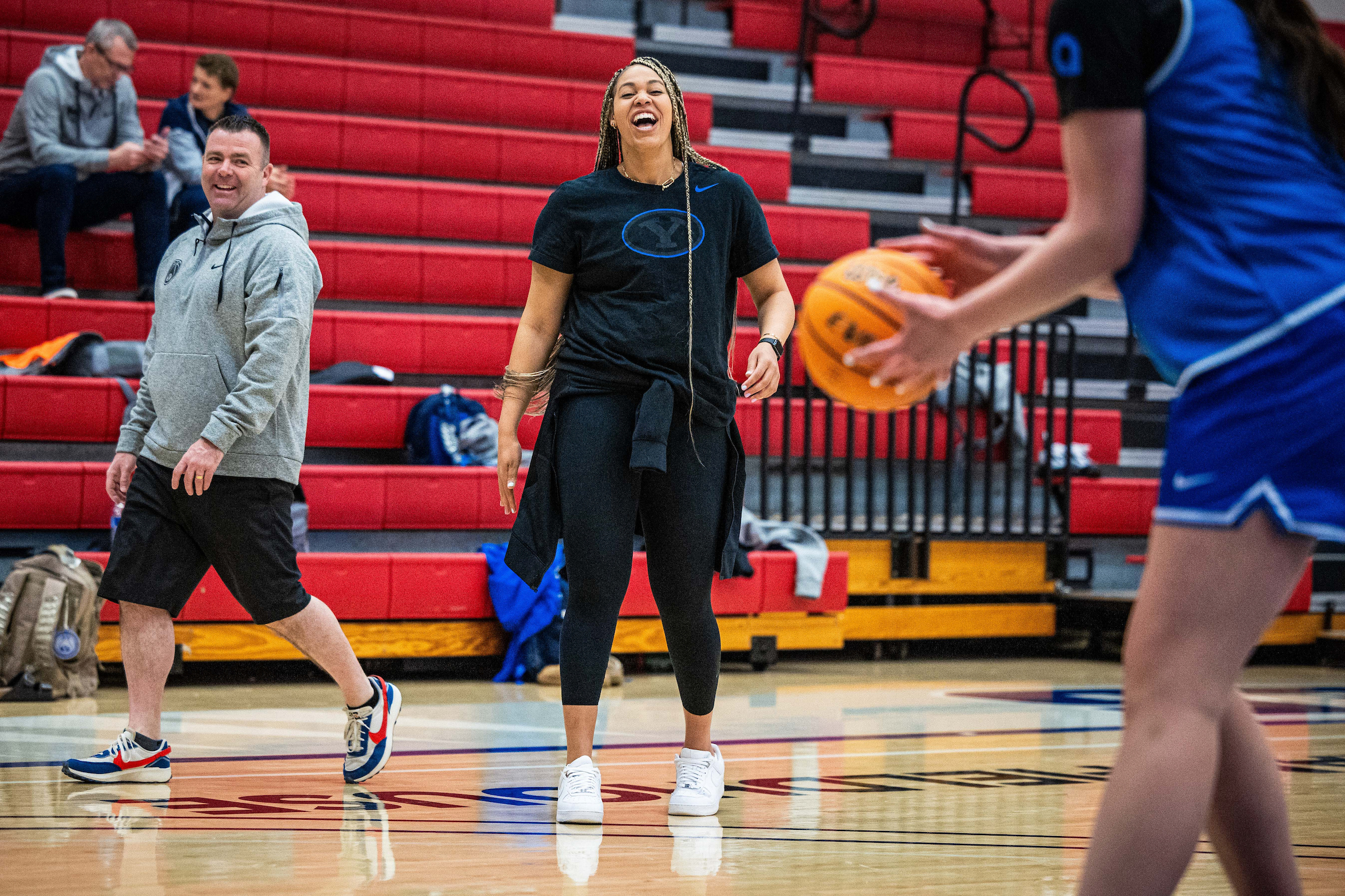 BYU assistant coach Morgan Bailey laughs during practice at the Big 12 women's basketball tournament, March 8, 2024 in Kansas City, Mo.