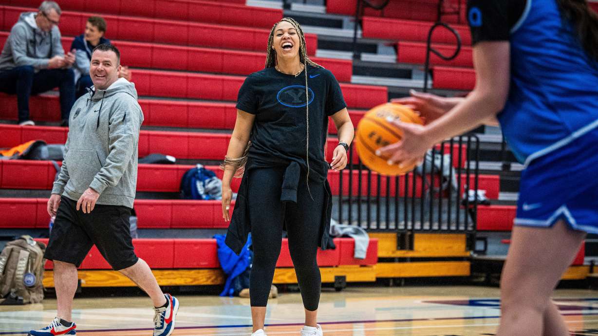 BYU assistant coach Morgan Bailey laughs during practice at the Big 12 women's basketball tournament, March 8, 2024 in Kansas City, Mo.