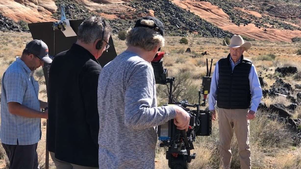 The crew of “The Conqueror Hollywood Fallout” films in southern Utah, in this undated photo. The movie looks at a John Wayne film based in Utah as a symbol of awareness about the fallout from nuclear testing.