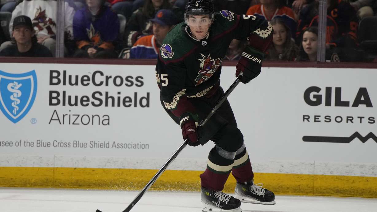 Arizona Coyotes defenseman Michael Kesselring (5) in the third period during an NHL hockey game against the Edmonton Oilers, Monday, Feb. 19, 2024, in Tempe, Ariz. Edmonton won 6-3.