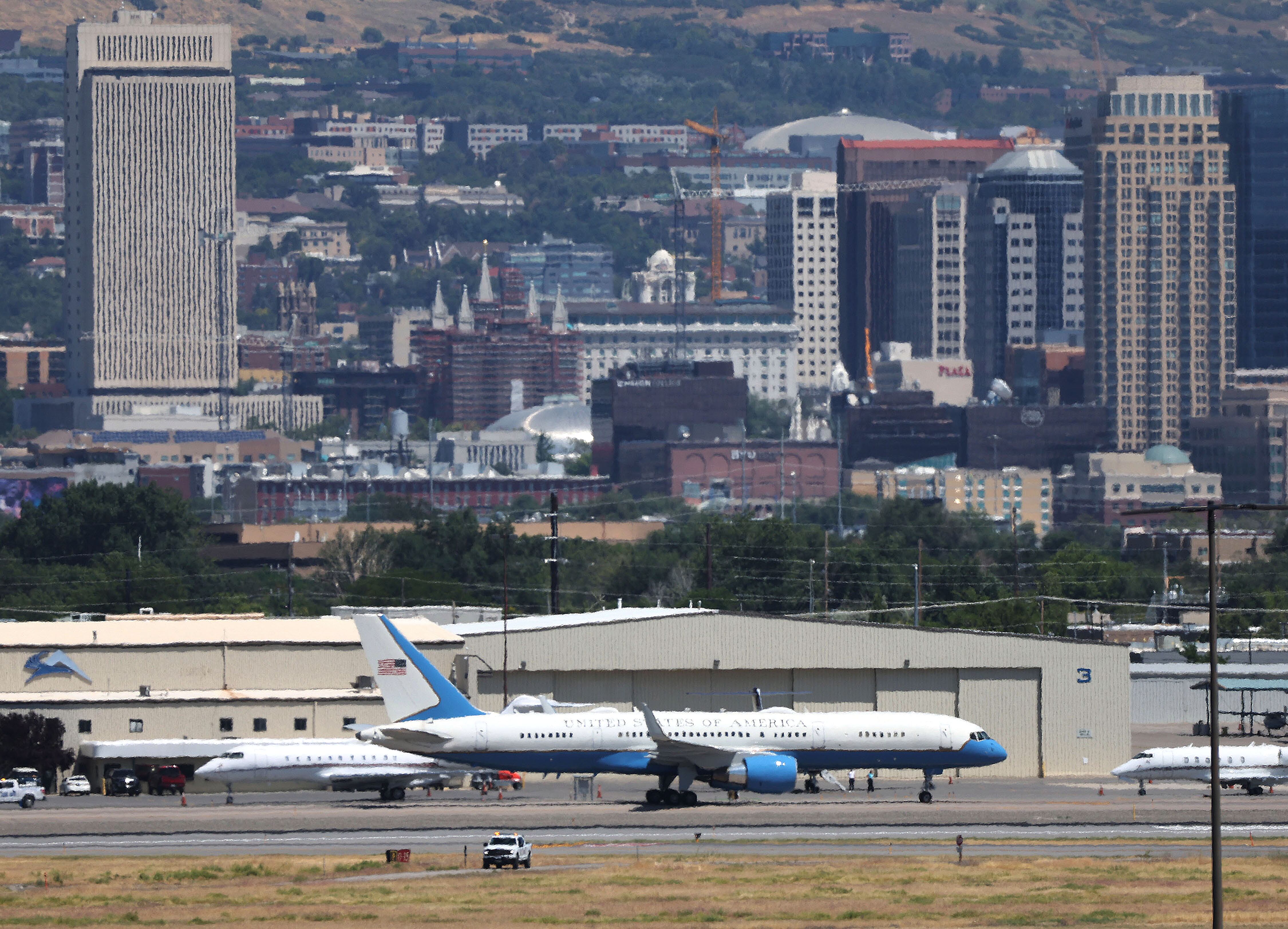 Air Force Two carrying Vice President Kamala Harris lands in Salt Lake City on Friday.