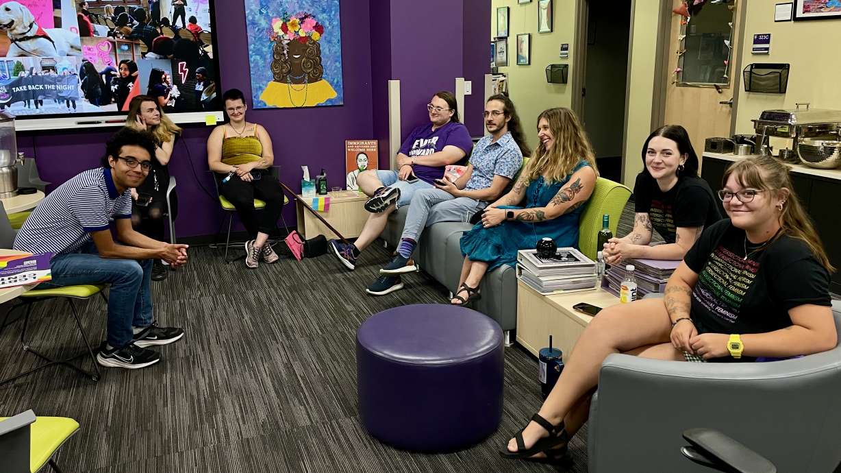 Weber State students and staffers photographed Friday at the common space shared by the Women's and LGBTQ+ centers on the university's Ogden campus. The centers are to close on Monday.