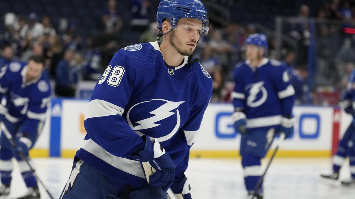 Tampa Bay Lightning defenseman Mikhail Sergachev (98) before an NHL hockey game against the Carolina Hurricanes Tuesday, Oct. 24, 2023, in Tampa, Fla.