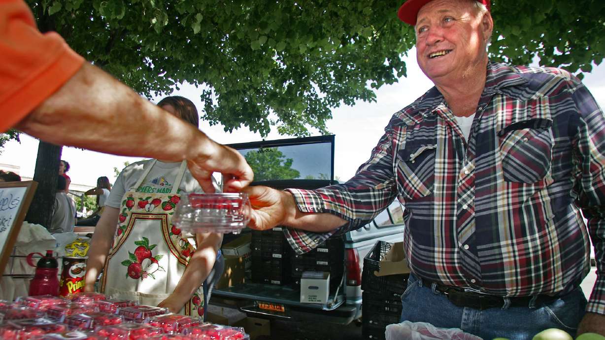 Sherman Bennett, of Alpine, offers free taste of berries to a customer at the Farmer's Market at Pioneer Park in Salt Lake City, July 30, 2005. Farmer's markets play an important role for local vendors.