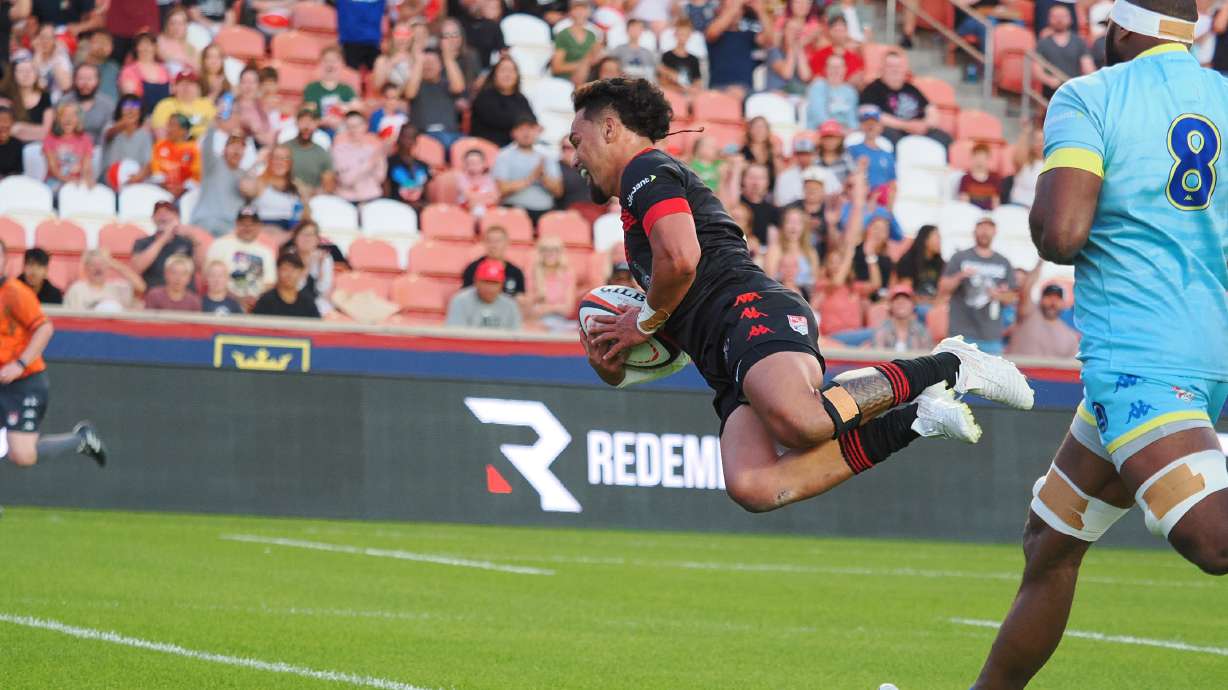 Utah Warriors back Joe Mano dives in for a score against RFC Los Angeles during the Warriors' season finale, Friday, June 28, 2024 at America First Field in Sandy.