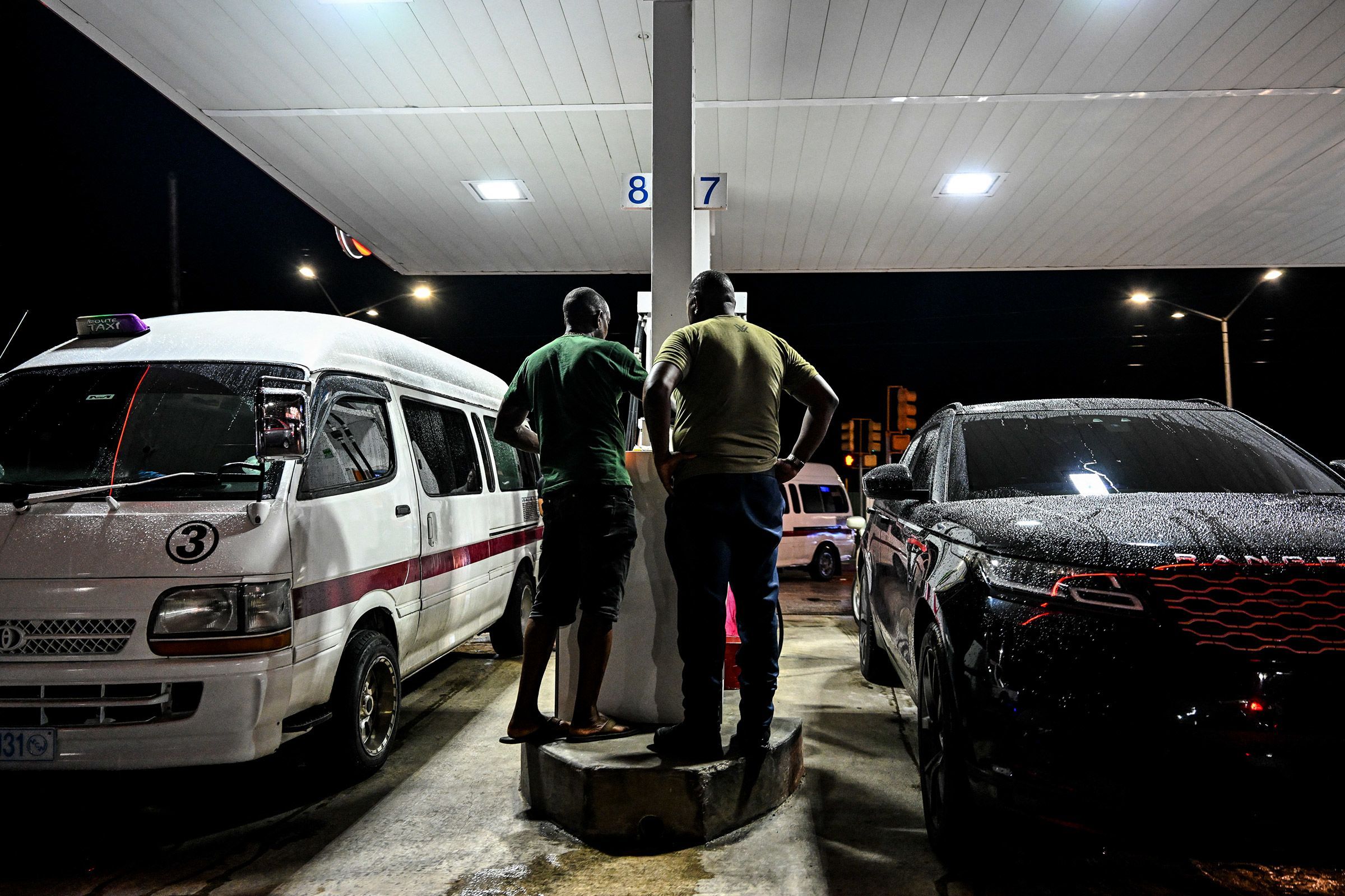 Cars line up at a gas station Saturday in Bridgetown, Barbados, as hurricane Beryl approaches. Beryl intensified to an extremely dangerous Category 4 hurricane with maximum sustained winds of 130 mph Sunday morning.