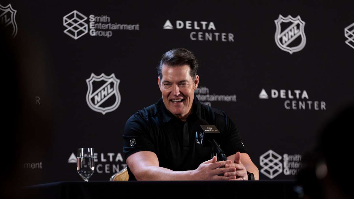 General Manager Bill Armstrong is interviewed during a recap of the NHL Draft at Grand America Hotel in Salt Lake City on Sunday June 30, 2024.